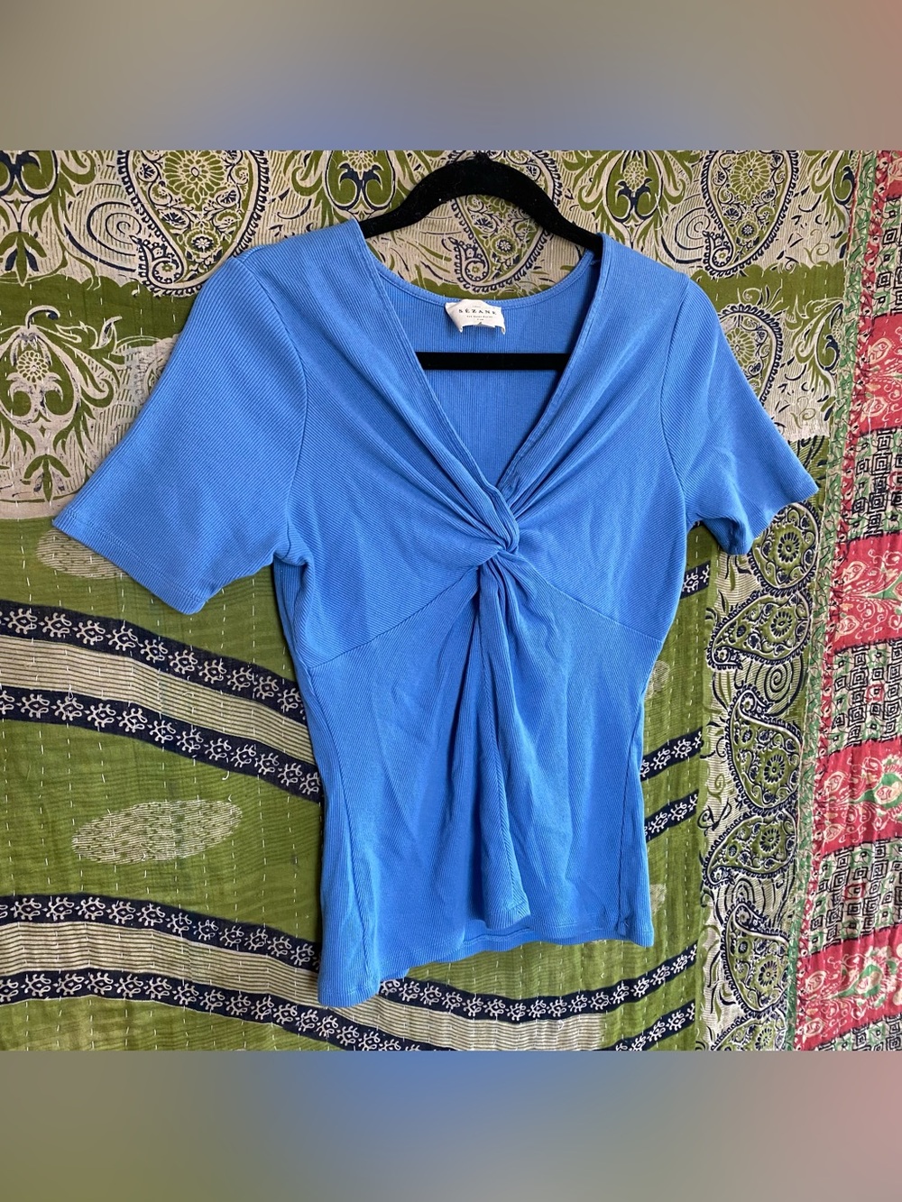 Sezane Bleuet Maia Ribbed Twist Front Top Size Large Quiet Luxury Best Seller - Picture 8 of 15